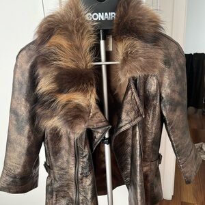 Vintage 100% Genuine Leather Brown Leather Jacket with Real Fur Made in Italy